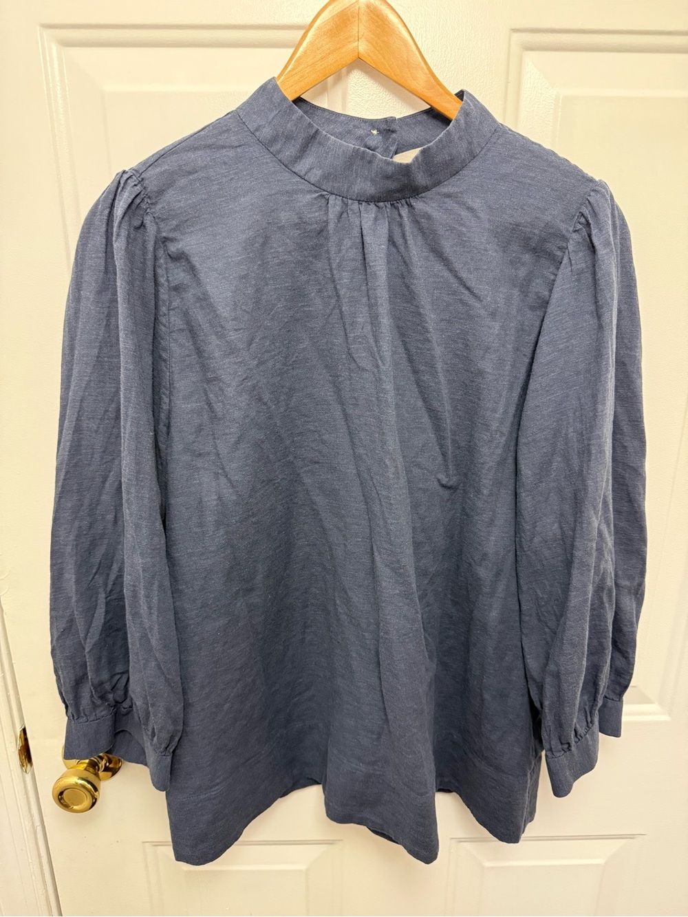 Everlane Navy Mock Neck Balloon Sleeve Top Size 14 100% Cotton Casual Coastal
